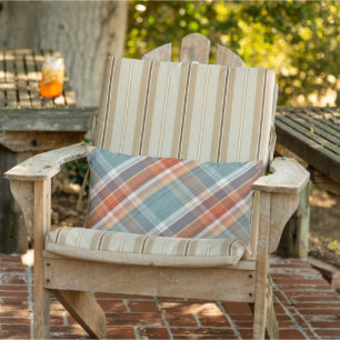Modern Teal Dark Blue Orange White Plaid Pattern Lumbar Cushion