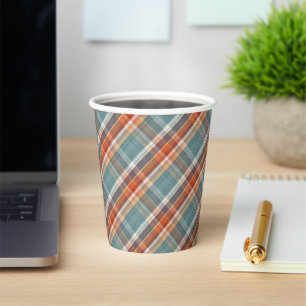 Modern Teal Dark Blue Orange White Plaid Pattern Paper Cups