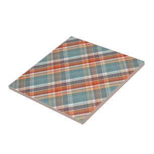 Modern Teal Dark Blue Orange White Plaid Pattern Tile