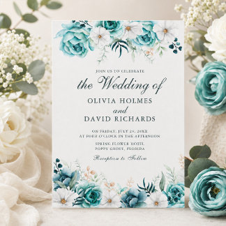 Modern Teal Floral Botanical Wedding Invitation
