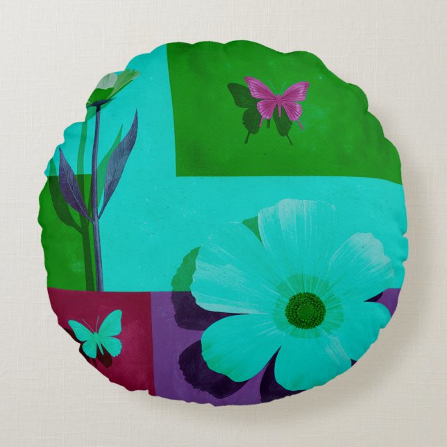 Modern Teal Floral Garden Round Pouf Round Cushion (Front)