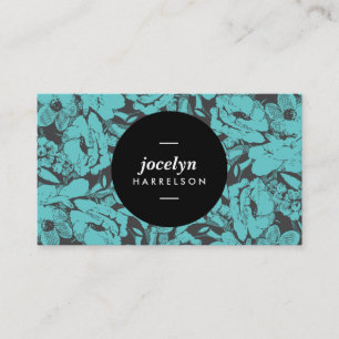 Modern Teal Flowers Black Circle Business Card