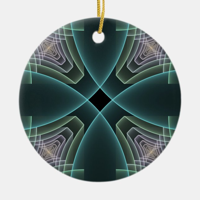 Modern Teal Geometric Fractal Art Graphic Ceramic Tree Decoration (Front)