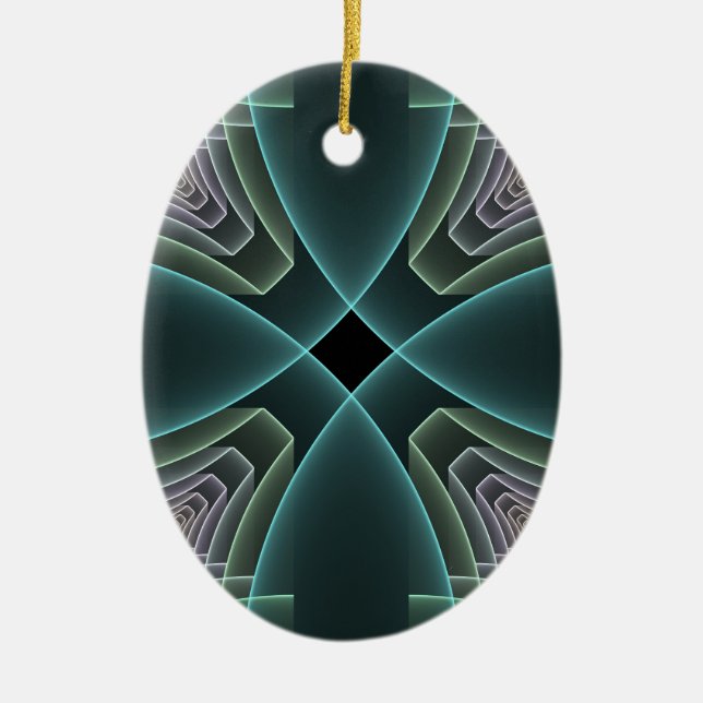 Modern Teal Geometric Fractal Art Graphic Ceramic Tree Decoration (Front)