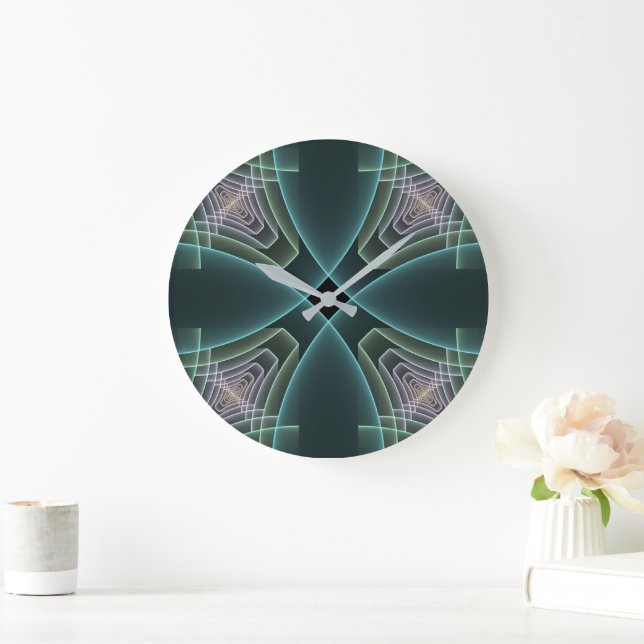 Modern Teal Geometric Fractal Art Graphic Large Clock (Home)