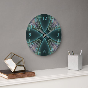 Modern Teal Geometric Fractal Art Graphic Large Clock