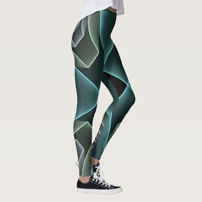 Modern Teal Geometric Fractal Art Graphic Leggings (Right)