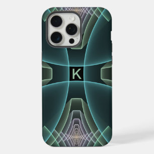 Modern Teal Geometric Fractal Art Graphic Monogram iPhone 15 Pro Max Case
