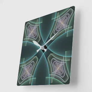 Modern Teal Geometric Fractal Art Graphic Square Wall Clock