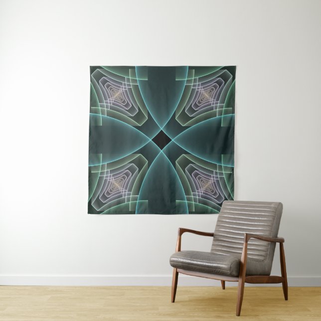 Modern Teal Geometric Fractal Art Graphic Tapestry (In Situ)