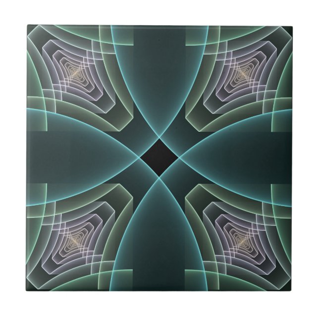 Modern Teal Geometric Fractal Art Graphic Tile (Front)