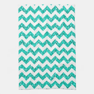 Modern Teal Glitter Chevron Kitchen Dish Towel