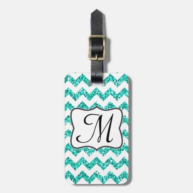 Modern Teal Glitter Chevron Monogram Luggage Tag (Front Vertical)