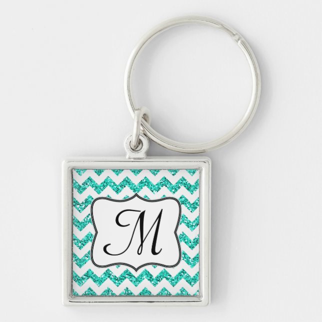Modern Teal Glitter Chevron Zig Zag Key Chain (Front)