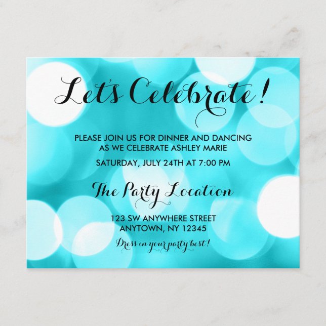 Modern Teal Glitter Lights Bat Mitzvah Reception Enclosure Card (Front)