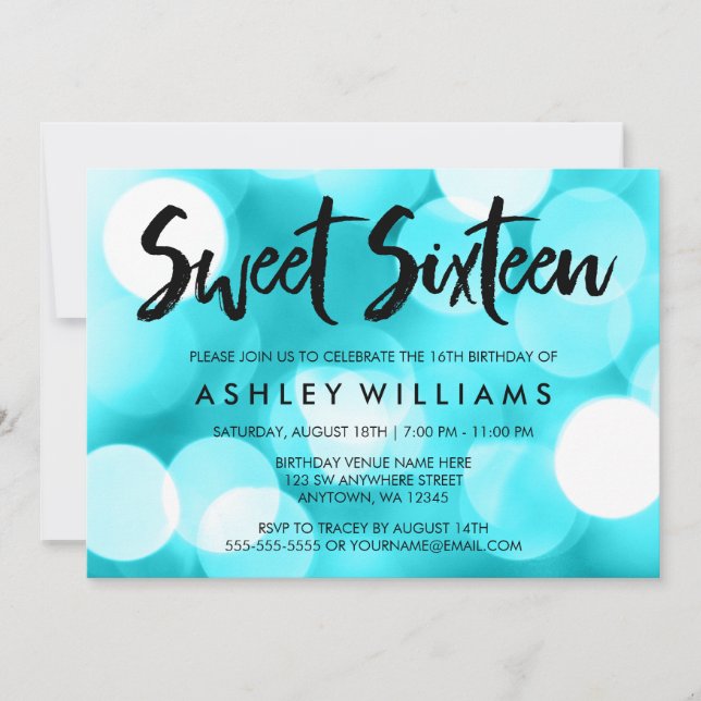Modern Teal Glitter Lights Sweet 16 Invitations (Front)
