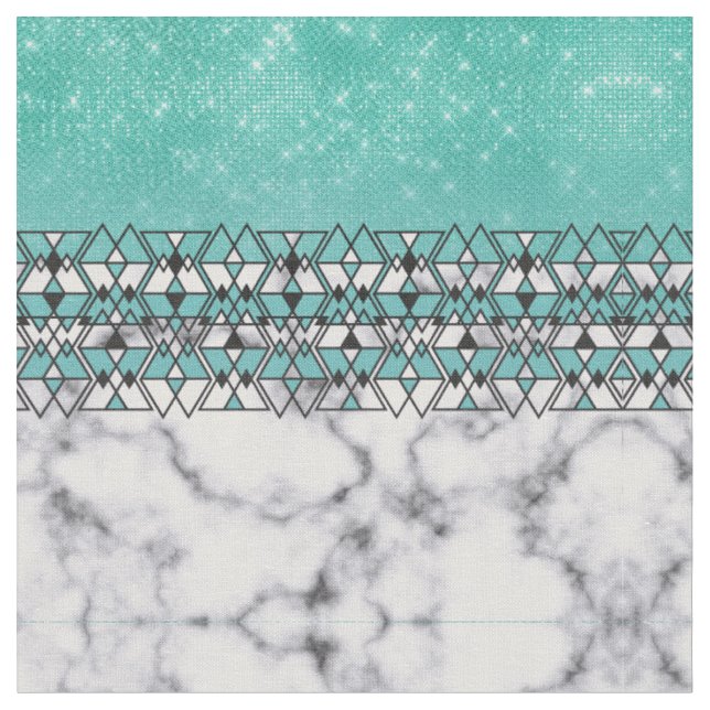 Modern Teal Glitter Marble Geometric Tribal Fabric (Close Up)