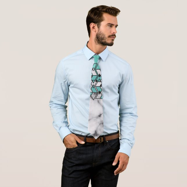 Modern Teal Glitter Marble Geometric Tribal Tie (In Situ)
