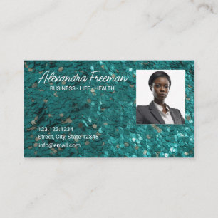 Modern Teal Glitter Photo Template Insurance Agent Business Card