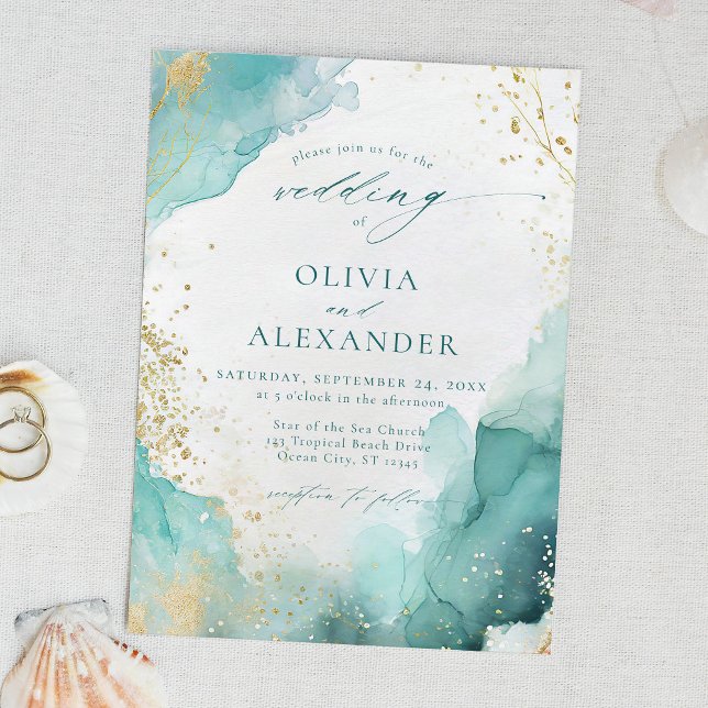 Modern Teal Gold Abstract Beach Wedding Invitation (Creator Uploaded)