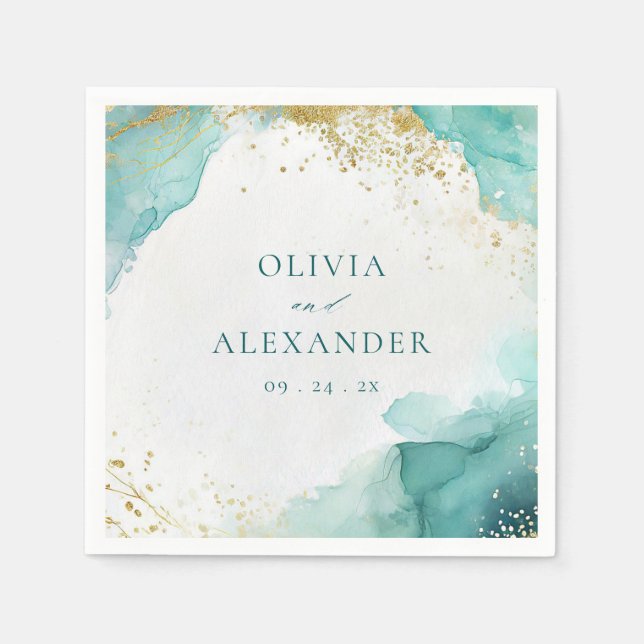 Modern Teal Gold Abstract Beach Wedding Napkin (Front)