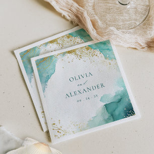 Modern Teal Gold Abstract Beach Wedding Napkin