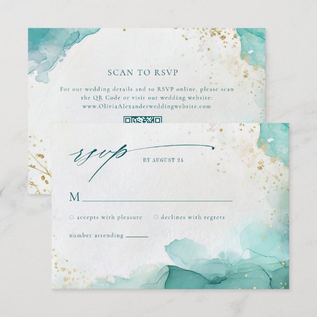 Modern Teal Gold Abstract Beach Wedding QR Code RSVP Card (Front/Back)