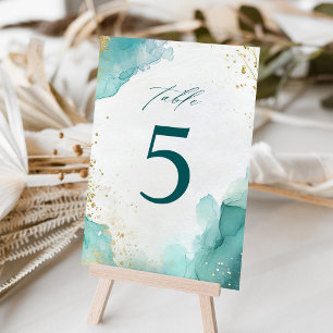 Modern Teal Gold Abstract Beach Wedding Table Number