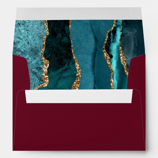 Modern Teal Gold Agate Burgundy Wedding Envelope (Back (Bottom))