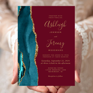 Modern Teal Gold Agate Burgundy Wedding Invitation