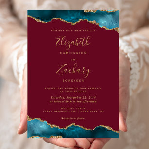 Modern Teal Gold Agate Burgundy Wedding Invitation