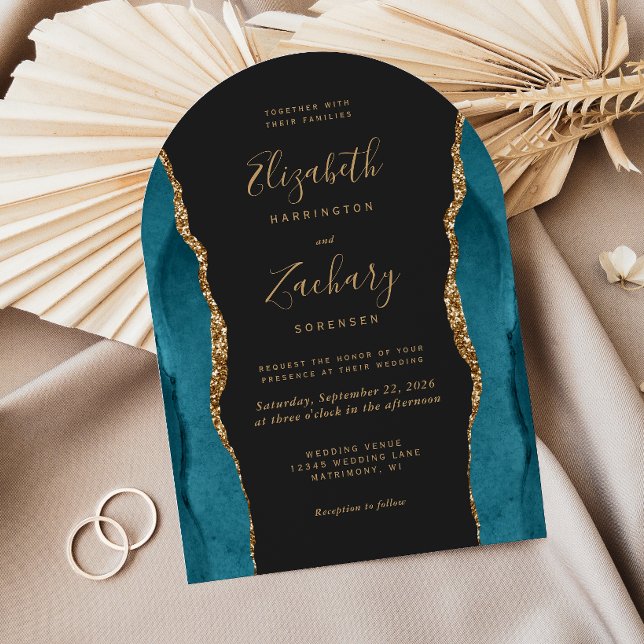 Modern Teal Gold Agate Dark Arch Wedding Invitation (Creator Uploaded)
