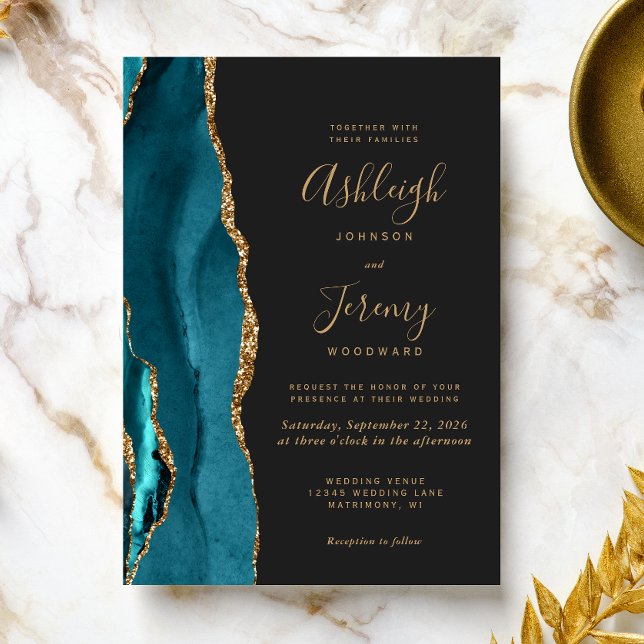 Modern Teal Gold Agate Dark Wedding Invitation (Creator Uploaded)