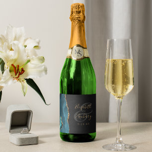 Modern Teal Gold Agate Dark Wedding Sparkling Wine Label