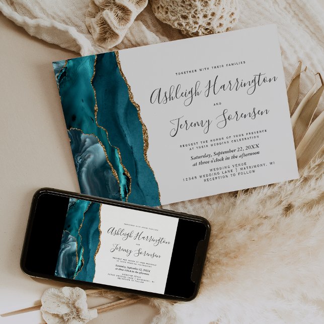 Modern Teal Gold Agate Horizontal Wedding Invitation (Creator Uploaded)