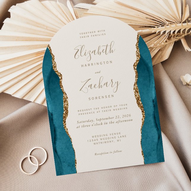 Modern Teal Gold Agate Ivory Arch Wedding Invitation (Creator Uploaded)