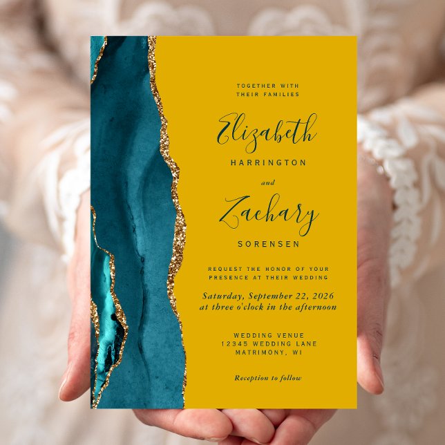 Modern Teal Gold Agate Mustard Wedding Invitation (Creator Uploaded)