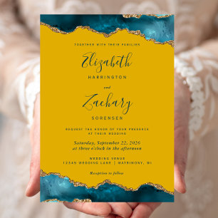 Modern Teal Gold Agate Mustard Yellow Wedding Invitation