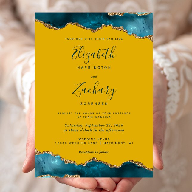 Modern Teal Gold Agate Mustard Yellow Wedding Invitation (Creator Uploaded)