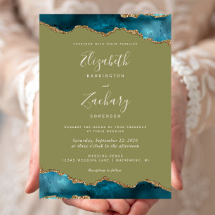 Modern Teal Gold Agate Olive Green Wedding Invitation