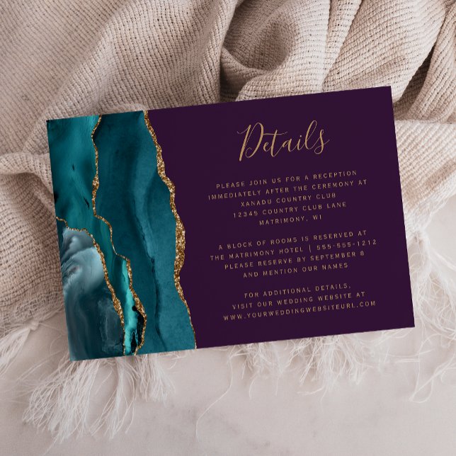 Modern Teal Gold Agate Purple Wedding Details Enclosure Card (Creator Uploaded)