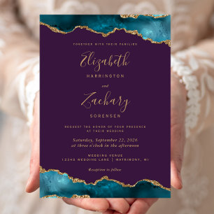 Modern Teal Gold Agate Purple Wedding Invitation