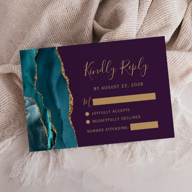 Modern Teal Gold Agate Purple Wedding RSVP Card (Creator Uploaded)