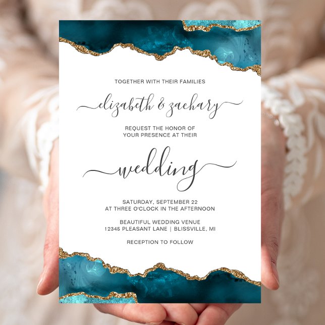 Modern Teal Gold Agate Script Wedding Invitation (Creator Uploaded)