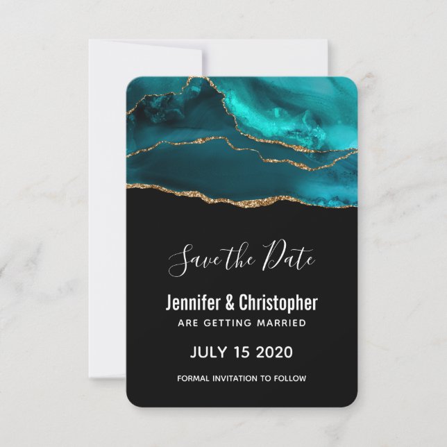 Modern Teal & Gold Agate Stone Abstract Design Save The Date (Front)