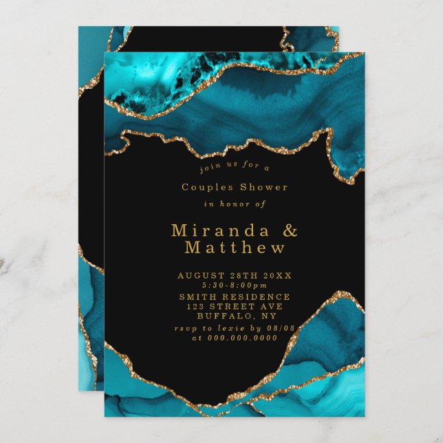 Modern Teal Gold Agate Stone Couples Shower Invite (Front/Back)