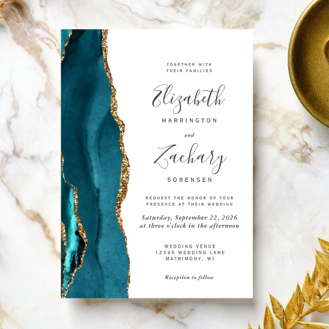 Modern Teal Gold Agate Wedding Invitation (The perfect choice for a teal and gold themed wedding.)