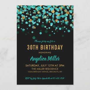 Modern Teal Gold Black Glitter Confetti Birthday Invitation