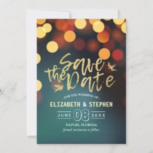 Modern Teal Gold Bokeh Light Wedding Save The Date