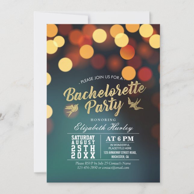 Modern Teal Gold Bokeh Lights Bachelorette Party Invitation (Front)